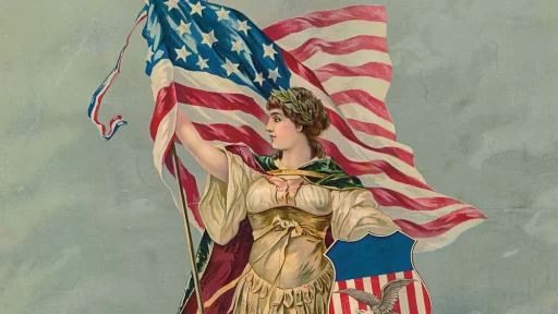 The indomitable Lady Columbia defends the United States with her snazzy patriotic shield, c. 1890
