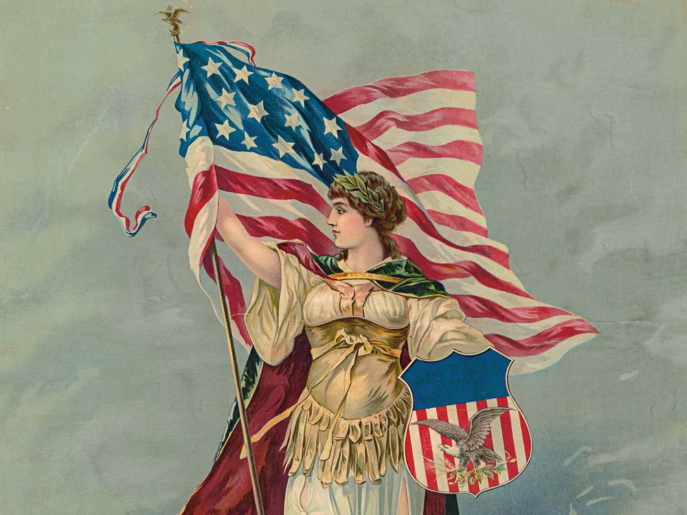 The indomitable Lady Columbia defends the United States with her snazzy patriotic shield, c. 1890